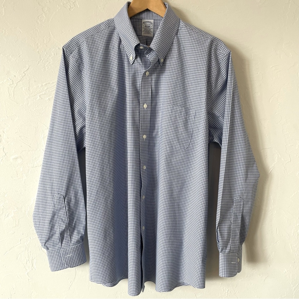 Brooks Brothers Blue Windowpane Shirt Long Sleeve 16.5 34 Non-Iron Stretch